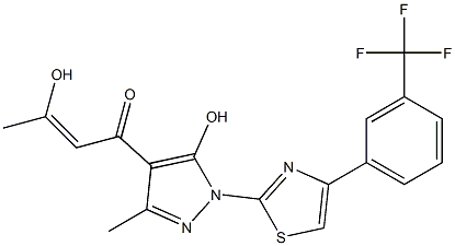 3-hydroxy-1-(5-hydroxy-3-methyl-1-{4-[3-(trifluoromethyl)phenyl]-1,3-thiazol-2-yl}-1H-pyrazol-4-yl)-2-buten-1-one Struktur