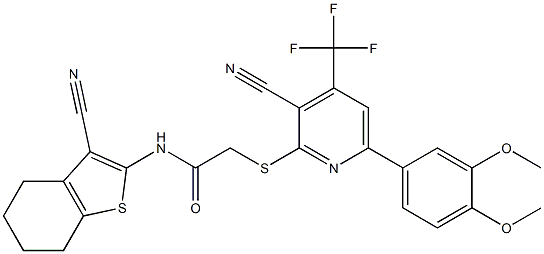 2-{[3-cyano-6-(3,4-dimethoxyphenyl)-4-(trifluoromethyl)-2-pyridinyl]sulfanyl}-N-(3-cyano-4,5,6,7-tetrahydro-1-benzothiophen-2-yl)acetamide Struktur