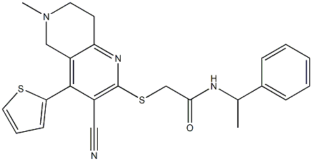 2-{[3-cyano-6-methyl-4-(2-thienyl)-5,6,7,8-tetrahydro[1,6]naphthyridin-2-yl]sulfanyl}-N-(1-phenylethyl)acetamide Struktur