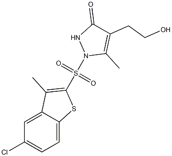 1-[(5-chloro-3-methyl-1-benzothiophen-2-yl)sulfonyl]-4-(2-hydroxyethyl)-5-methyl-1,2-dihydro-3H-pyrazol-3-one Struktur