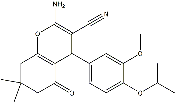 2-amino-4-(4-isopropoxy-3-methoxyphenyl)-7,7-dimethyl-5-oxo-5,6,7,8-tetrahydro-4H-chromene-3-carbonitrile Struktur