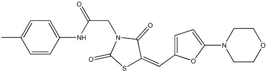 N-(4-methylphenyl)-2-(5-{[5-(4-morpholinyl)-2-furyl]methylene}-2,4-dioxo-1,3-thiazolidin-3-yl)acetamide Struktur