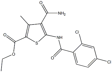 ethyl 4-(aminocarbonyl)-5-[(2,4-dichlorobenzoyl)amino]-3-methyl-2-thiophenecarboxylate Struktur