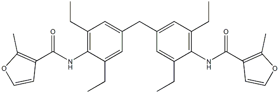 N-(4-{3,5-diethyl-4-[(2-methyl-3-furoyl)amino]benzyl}-2,6-diethylphenyl)-2-methyl-3-furamide Struktur