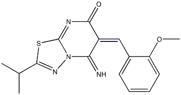 5-imino-2-isopropyl-6-(2-methoxybenzylidene)-5,6-dihydro-7H-[1,3,4]thiadiazolo[3,2-a]pyrimidin-7-one Struktur