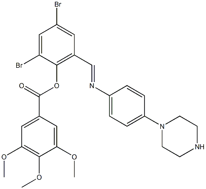 2,4-dibromo-6-({[4-(1-piperazinyl)phenyl]imino}methyl)phenyl 3,4,5-trimethoxybenzoate Struktur