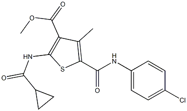 methyl 5-{[(4-chlorophenyl)amino]carbonyl}-2-[(cyclopropylcarbonyl)amino]-4-methylthiophene-3-carboxylate Struktur