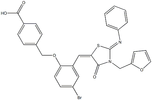 4-[(4-bromo-2-{[3-(2-furylmethyl)-4-oxo-2-(phenylimino)-1,3-thiazolidin-5-ylidene]methyl}phenoxy)methyl]benzoic acid Struktur