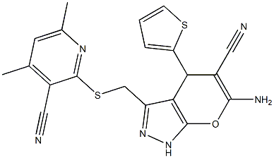 6-amino-3-{[(3-cyano-4,6-dimethyl-2-pyridinyl)sulfanyl]methyl}-4-(2-thienyl)-1,4-dihydropyrano[2,3-c]pyrazole-5-carbonitrile Struktur