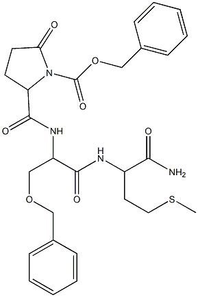 benzyl 2-[({2-{[1-(aminocarbonyl)-3-(methylsulfanyl)propyl]amino}-1-[(benzyloxy)methyl]-2-oxoethyl}amino)carbonyl]-5-oxo-1-pyrrolidinecarboxylate Struktur