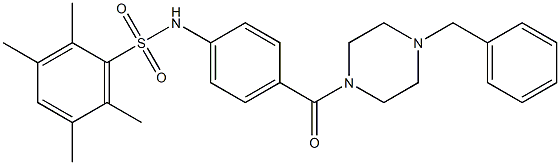 N-{4-[(4-benzyl-1-piperazinyl)carbonyl]phenyl}-2,3,5,6-tetramethylbenzenesulfonamide Struktur