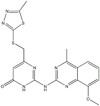 2-[(8-methoxy-4-methyl-2-quinazolinyl)amino]-6-{[(5-methyl-1,3,4-thiadiazol-2-yl)thio]methyl}-4(3H)-pyrimidinone Struktur