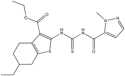 ethyl 6-ethyl-2-[({[(1-methyl-1H-pyrazol-5-yl)carbonyl]amino}carbothioyl)amino]-4,5,6,7-tetrahydro-1-benzothiophene-3-carboxylate Struktur