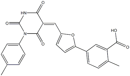 2-methyl-5-{5-[(1-(4-methylphenyl)-2,4,6-trioxotetrahydro-5(2H)-pyrimidinylidene)methyl]-2-furyl}benzoic acid Struktur