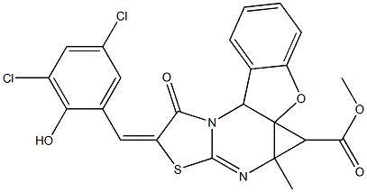 methyl 9-(3,5-dichloro-2-hydroxybenzylidene)-6a-methyl-10-oxo-6,6a,9,10-tetrahydro-11aH-[1]benzofuro[2,3-e]cyclopropa[d][1,3]thiazolo[3,2-a]pyrimidine-6-carboxylate Struktur