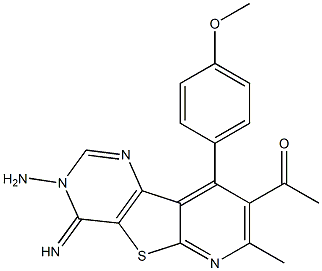 1-[3-amino-4-imino-9-(4-methoxyphenyl)-7-methyl-3,4-dihydropyrido[3',2':4,5]thieno[3,2-d]pyrimidin-8-yl]ethanone Struktur