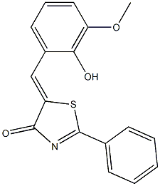 5-(2-hydroxy-3-methoxybenzylidene)-2-phenyl-1,3-thiazol-4(5H)-one Struktur