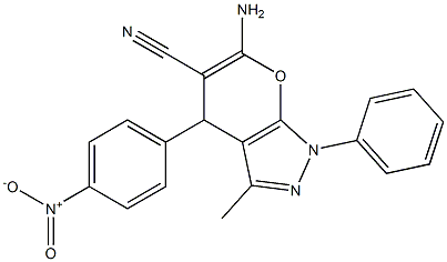 6-amino-3-methyl-4-(4-nitrophenyl)-1-phenyl-1,4-dihydropyrano[2,3-c]pyrazole-5-carbonitrile Struktur