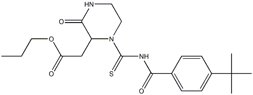 propyl 2-[1-({[4-(tert-butyl)benzoyl]amino}carbothioyl)-3-oxo-2-piperazinyl]acetate Struktur