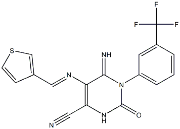 6-imino-2-oxo-5-{[(E)-3-thienylmethylidene]amino}-1-[3-(trifluoromethyl)phenyl]-1,2,3,6-tetrahydro-4-pyrimidinecarbonitrile Struktur