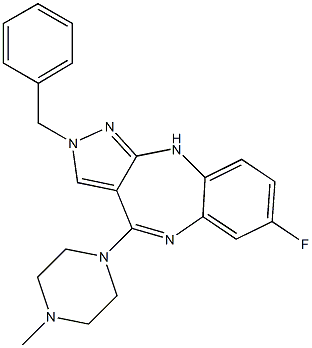 2-Benzyl-4-(4-methylpiperazin-1-yl)-7-fluoro-2,10-dihydropyrazolo[3,4-b][1,5]benzodiazepine Struktur