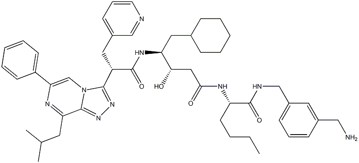 (2S)-2-[[(3S,4S)-4-[[(2S)-2-(8-Isobutyl-6-phenyl-1,2,4-triazolo[4,3-a]pyrazin-3-yl)-3-(3-pyridinyl)propanoyl]amino]-5-cyclohexyl-3-hydroxypentanoyl]amino]-N-(3-aminomethylbenzyl)-5-methylpentanamide Struktur