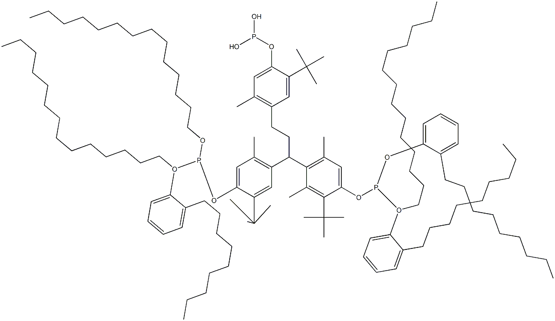 [3-Methyl-1,1,3-propanetriyltris(2-tert-butyl-5-methyl-4,1-phenyleneoxy)]tris(phosphonous acid)O,O',O''-tritetradecyl O,O',O''-tris(2-nonylphenyl) ester Struktur