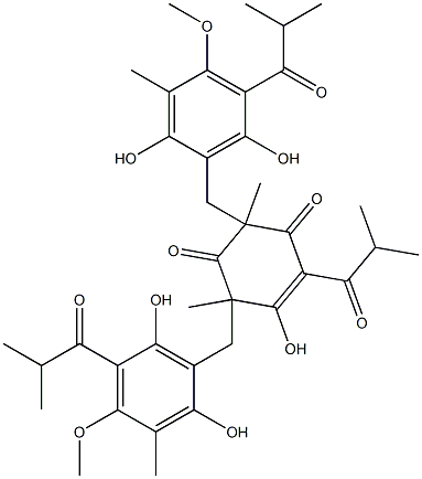 3,5-Bis[[2,6-dihydroxy-4-methoxy-3-methyl-5-(2-methylpropanoyl)phenyl]methyl]-2-hydroxy-3,5-dimethyl-1-(2-methylpropanoyl)-1-cyclohexene-4,6-dione Struktur