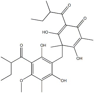 2,4-Dihydroxy-1,3-dimethyl-5-(2-methylbutanoyl)-3-[[2,6-dihydroxy-3-methyl-4-methoxy-5-(2-methylbutanoyl)phenyl]methyl]-1,4-cyclohexadien-6-one Struktur