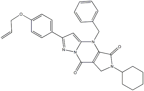 6-Cyclohexyl-6,7-dihydro-4-benzyl-2-[4-(2-propenyloxy)phenyl]-4H-1,4,6,8a-tetraaza-s-indacene-5,8-dione Struktur