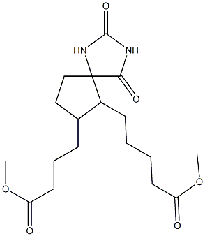 5-[2,4-Dioxo-7-[3-(methoxycarbonyl)propyl]-1,3-diazaspiro[4.4]nonan-6-yl]pentanoic acid methyl ester Struktur