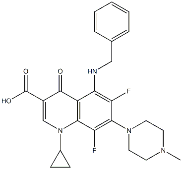 1-Cyclopropyl-6,8-difluoro-1,4-dihydro-5-benzylamino-7-(4-methyl-1-piperazinyl)-4-oxoquinoline-3-carboxylic acid Struktur