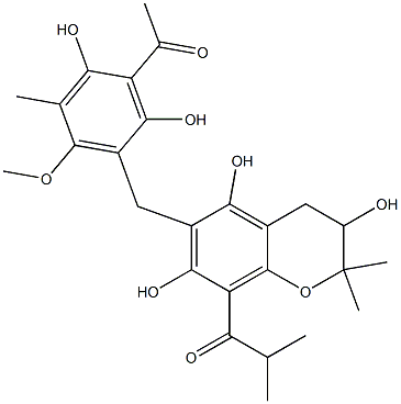 8-(2-Methylpropanoyl)-6-(3-acetyl-2,4-dihydroxy-5-methyl-6-methoxybenzyl)-3,4-dihydro-2,2-dimethyl-2H-1-benzopyran-3,5,7-triol Struktur