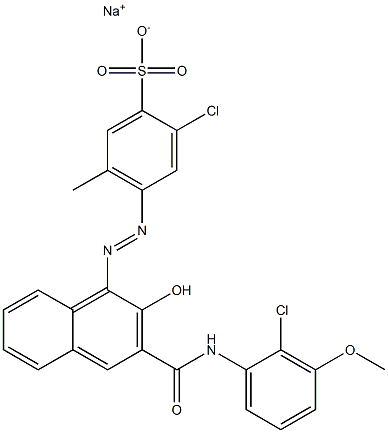 2-Chloro-5-methyl-4-[[3-[[(2-chloro-3-methoxyphenyl)amino]carbonyl]-2-hydroxy-1-naphtyl]azo]benzenesulfonic acid sodium salt Struktur