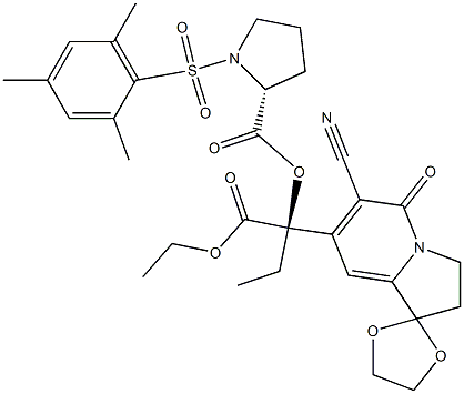 6-Cyano-7-[(R)-1-ethoxycarbonyl-1-[[(2R)-1-[(2,4,6-trimethylphenyl)sulfonyl]-2-pyrrolidinyl]carbonyloxy]propyl]-2,3-dihydrospiro[indolizine-1,2'-[1,3]dioxolan]-5-one Struktur