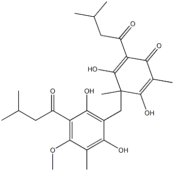 2,4-Dihydroxy-1,3-dimethyl-5-(3-methylbutanoyl)-3-[[2,6-dihydroxy-3-methyl-4-methoxy-5-(3-methylbutanoyl)phenyl]methyl]-1,4-cyclohexadien-6-one Struktur