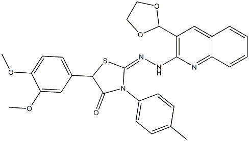 2-[2-[3-(1,3-Dioxolane-2-yl)quinoline-2-yl]hydrazono]-3-(4-methylphenyl)-5-(3,4-dimethoxyphenyl)thiazolidine-4-one Struktur