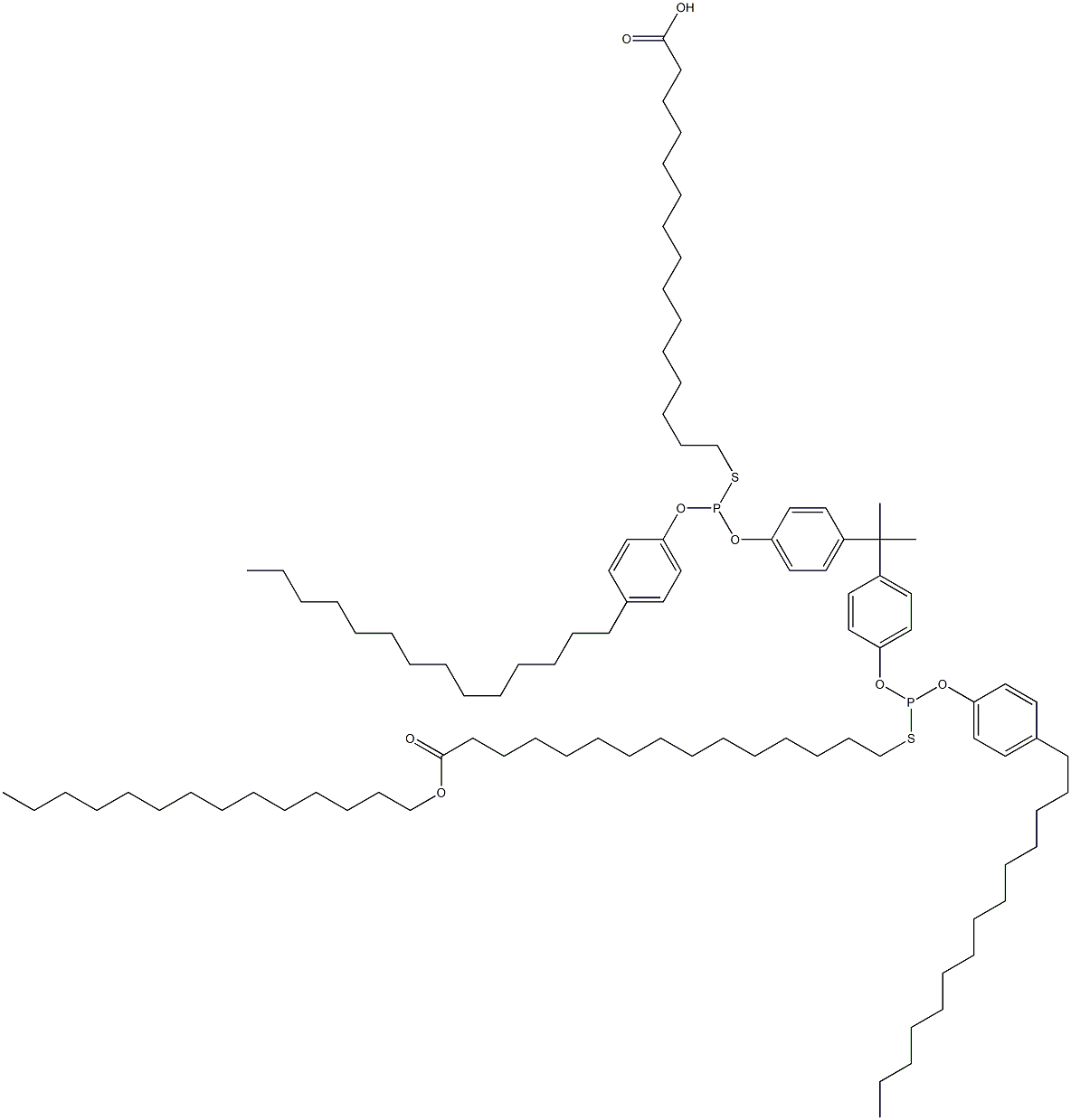 15,15'-[[Isopropylidenebis(4,1-phenyleneoxy)]bis[[(4-tetradecylphenyl)oxy]phosphinediylthio]]bis(pentadecanoic acid tetradecyl) ester Struktur