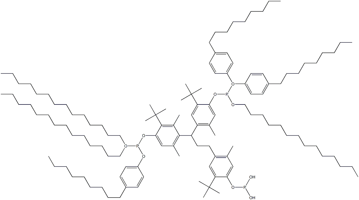 [3-Methyl-1,1,3-propanetriyltris(2-tert-butyl-5-methyl-4,1-phenyleneoxy)]tris(phosphonous acid)O,O',O'-tritetradecyl O,O'',O''-tris(4-nonylphenyl) ester Struktur