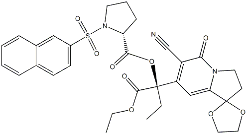 6-Cyano-7-[(R)-1-ethoxycarbonyl-1-[[(2R)-1-[(2-naphtyl)sulfonyl]-2-pyrrolidinyl]carbonyloxy]propyl]-2,3-dihydrospiro[indolizine-1,2'-[1,3]dioxolan]-5-one Struktur