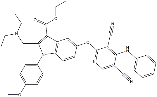 1-(4-Methoxyphenyl)-2-[(diethylamino)methyl]-5-[3,5-dicyano-4-(phenylamino)pyridin-2-yloxy]-1H-indole-3-carboxylic acid ethyl ester Struktur