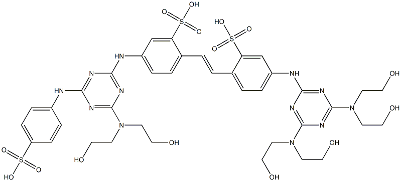 2-[2-[4-[[4,6-Bis[bis(2-hydroxyethyl)amino]-1,3,5-triazin-2-yl]amino]-2-sulfophenyl]ethenyl]-5-[[4-[bis(2-hydroxyethyl)amino]-6-[(4-sulfophenyl)amino]-1,3,5-triazin-2-yl]amino]benzenesulfonic acid Struktur