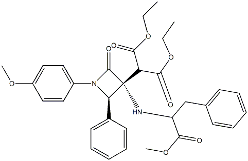 2-[(3R,4R)-3-[[2-Phenyl-1-(methoxycarbonyl)ethyl]amino]-1-(4-methoxyphenyl)-2-oxo-4-phenylazetidin-3-yl]malonic acid diethyl ester Struktur