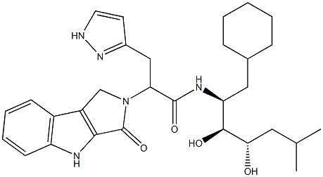 3-(1H-Pyrazol-3-yl)-2-[(1,2,3,4-tetrahydro-3-oxopyrrolo[3,4-b]indol)-2-yl]-N-[(1S,2S,3S)-1-cyclohexylmethyl-2,3-dihydroxy-5-methylhexyl]propionamide Struktur