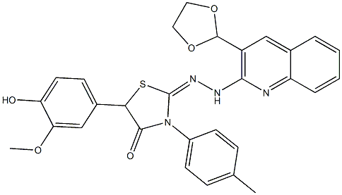 2-[2-[3-(1,3-Dioxolane-2-yl)quinoline-2-yl]hydrazono]-3-(4-methylphenyl)-5-(4-hydroxy-3-methoxyphenyl)thiazolidine-4-one Struktur