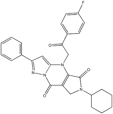 6-Cyclohexyl-6,7-dihydro-4-[2-(4-fluorophenyl)-2-oxoethyl]-2-phenyl-4H-1,4,6,8a-tetraaza-s-indacene-5,8-dione Struktur