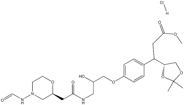 ((R)-2,2-dimethyl-1,3-dioxolan-4-yl)methyl 3-(4-((S)-2-hydroxy-3-((2-(morpholine-4-carboxamido)ethyl)amino)propoxy)phenyl)propanoate hydrochloride Struktur