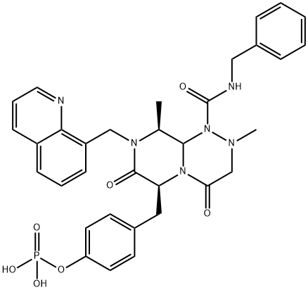 4-{[(6S,9S)-1-(benzylcarbaMoyl)-2,9-diMethyl-4,7-dioxo-8-(quinolin-8-ylMethyl)-octahydro-1H-piperazino[2,1-c][1,2,4]triazin-6-yl]Methyl}phenoxy)phosphonic acid Struktur