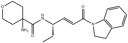 2H-Pyran-4-carboxamide, 4-amino-N-[(1S,2E)-4-(2,3-dihydro-1H-indol-1-yl)-1-ethyl-4-oxo-2-buten-1-yl]tetrahydro- Struktur