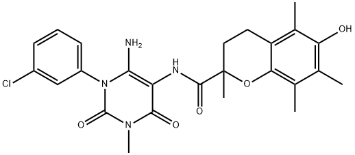 2H-1-Benzopyran-2-carboxamide,  N-[6-amino-1-(3-chlorophenyl)-1,2,3,4-tetrahydro-3-methyl-2,4-dioxo-5-pyrimidinyl]-3,4-dihydro-6-hydroxy-2,5,7,8- Struktur